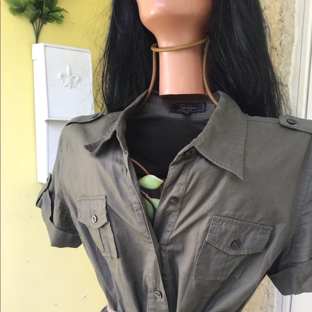 Jessica Simpson button down army color dress. - Picture 2 of 6